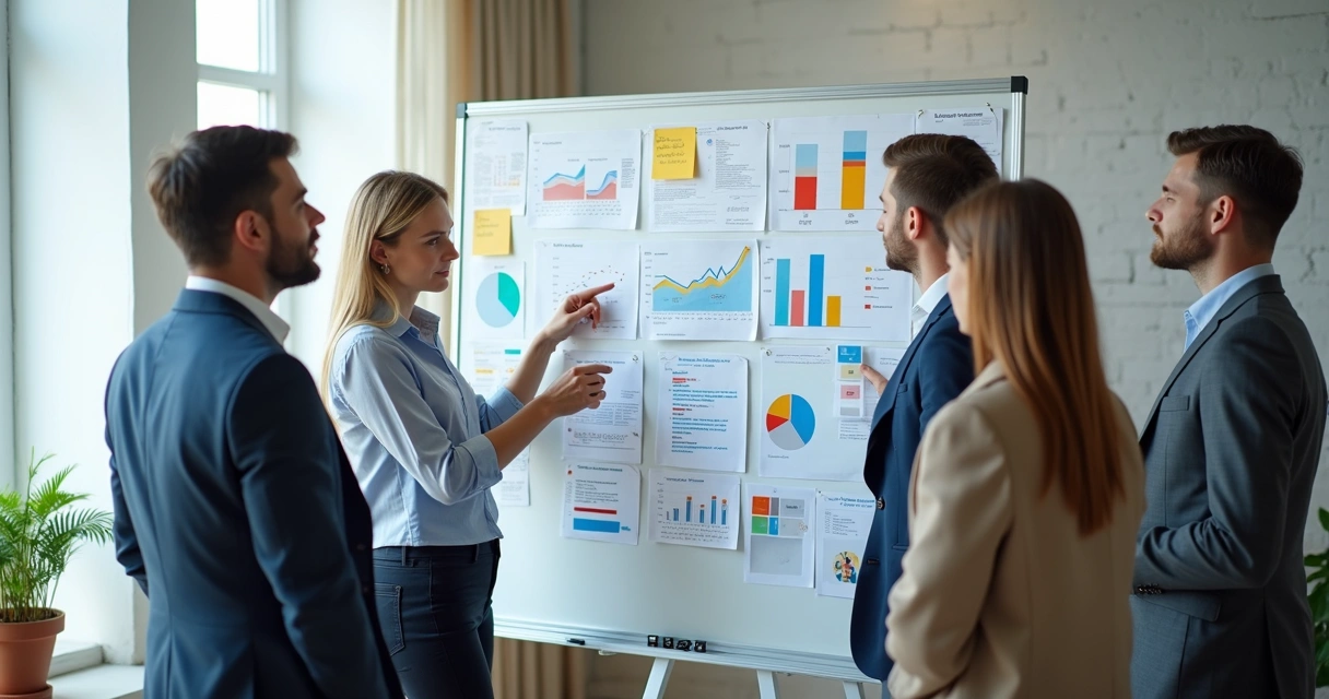 Equipe comercial reunida diante de quadro branco com indicadores visuais 