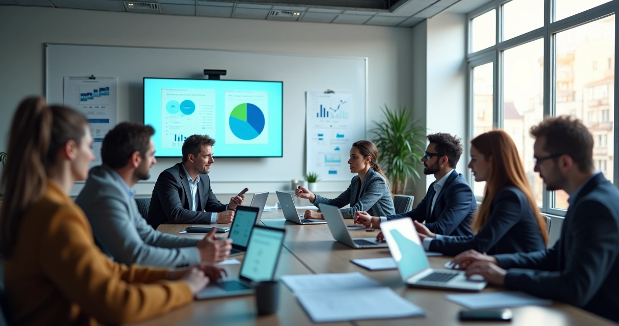 Time comercial em reunião usando computadores e gráficos de vendas na sala de reunião
