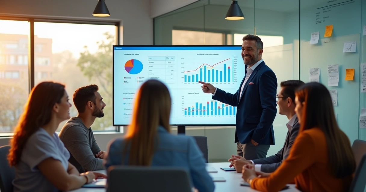 Equipe comercial em reunião alinhando metas do mês