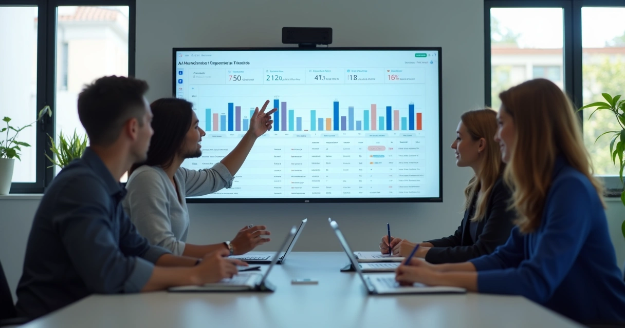Small sales team gathered looking at pipeline on screen