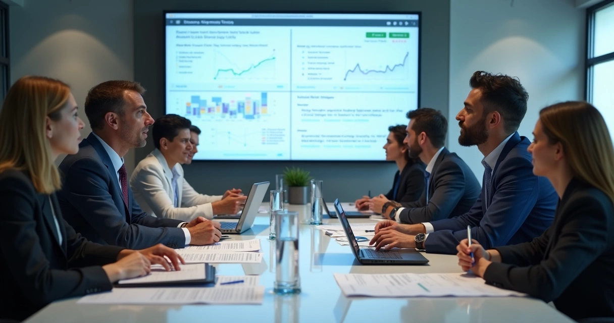 Equipe comercial reunida em mesa analisando resultados de e-mails 