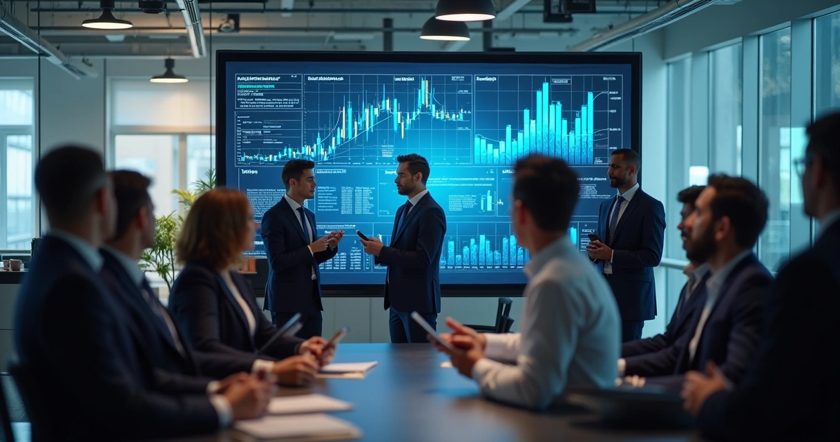 Equipe comercial reunida analisando indicadores em uma tela