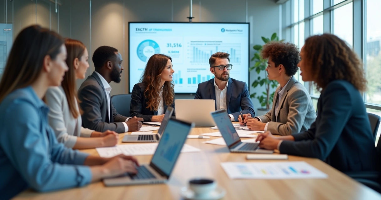 Equipe comercial ao redor de uma mesa discutindo estratégias 