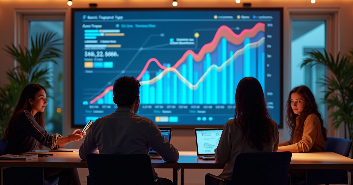 Equipe comercial analisando dados de vendas em telão digital 