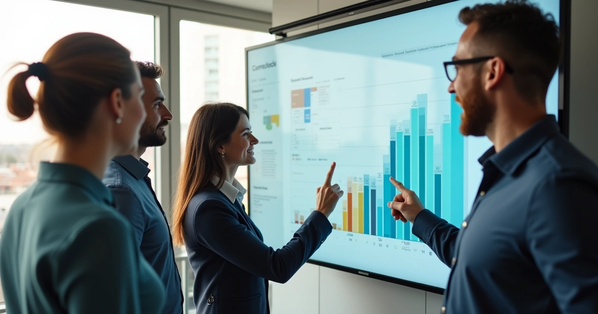 Equipe comercial sorrindo acompanhando comissão no sistema automatizado 