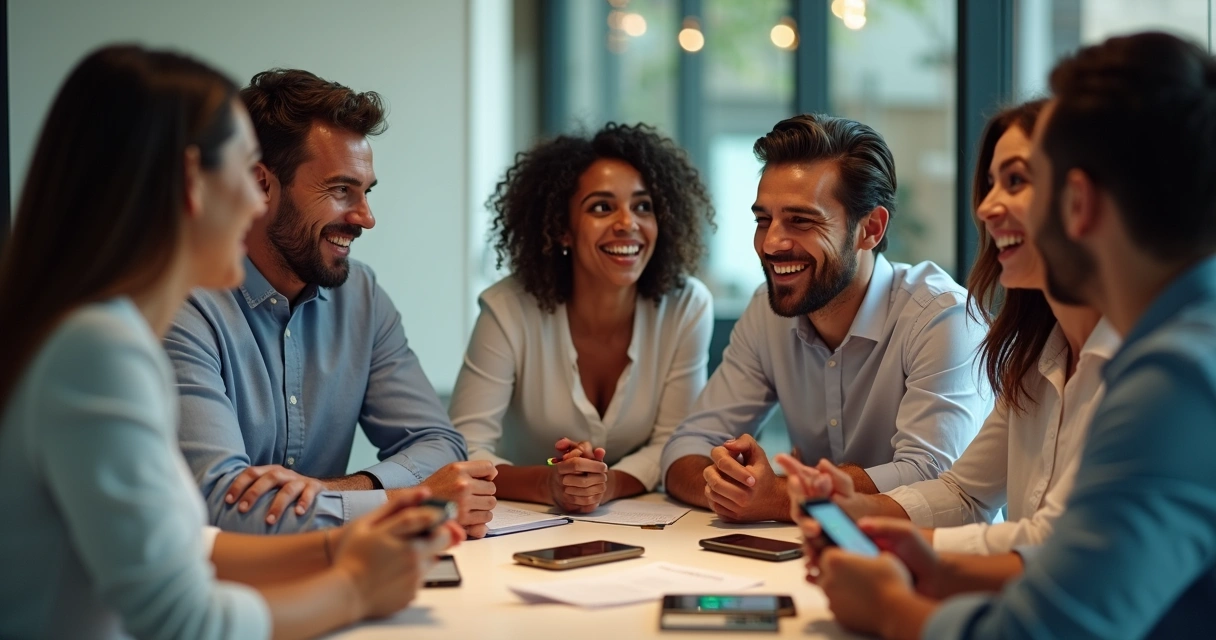 Equipe de vendas sorrindo usando celulares com WhatsApp ao lado