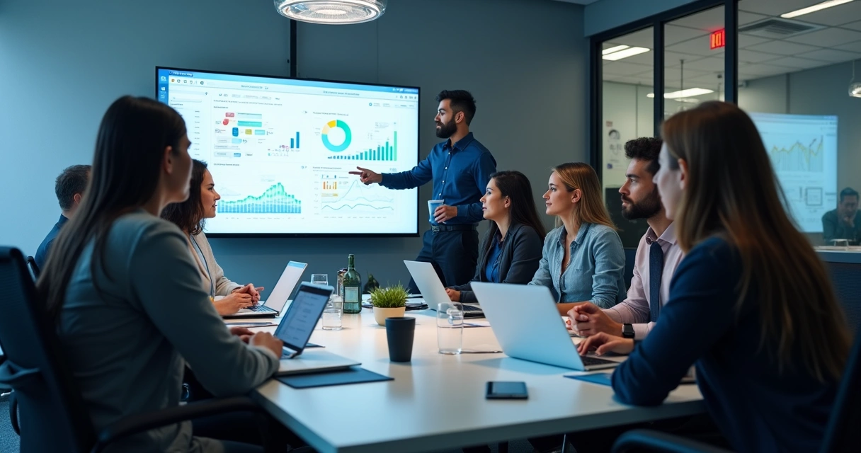 Equipe comercial reunida ao redor de uma mesa analisando resultados. 
