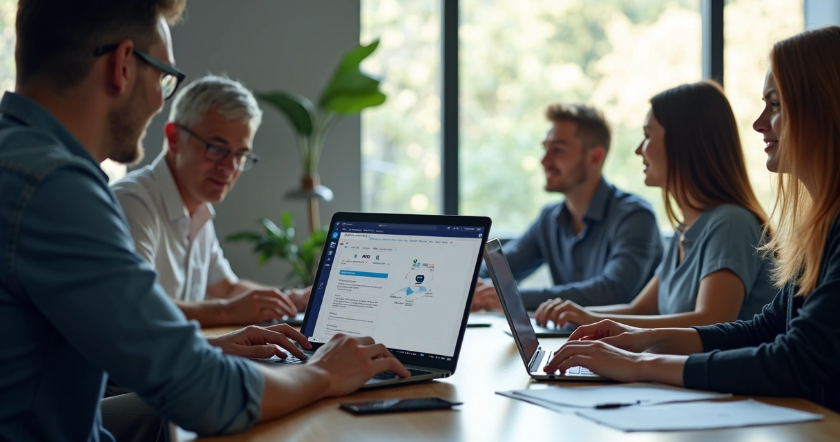 Equipe comercial interagindo com software de CRM em notebooks