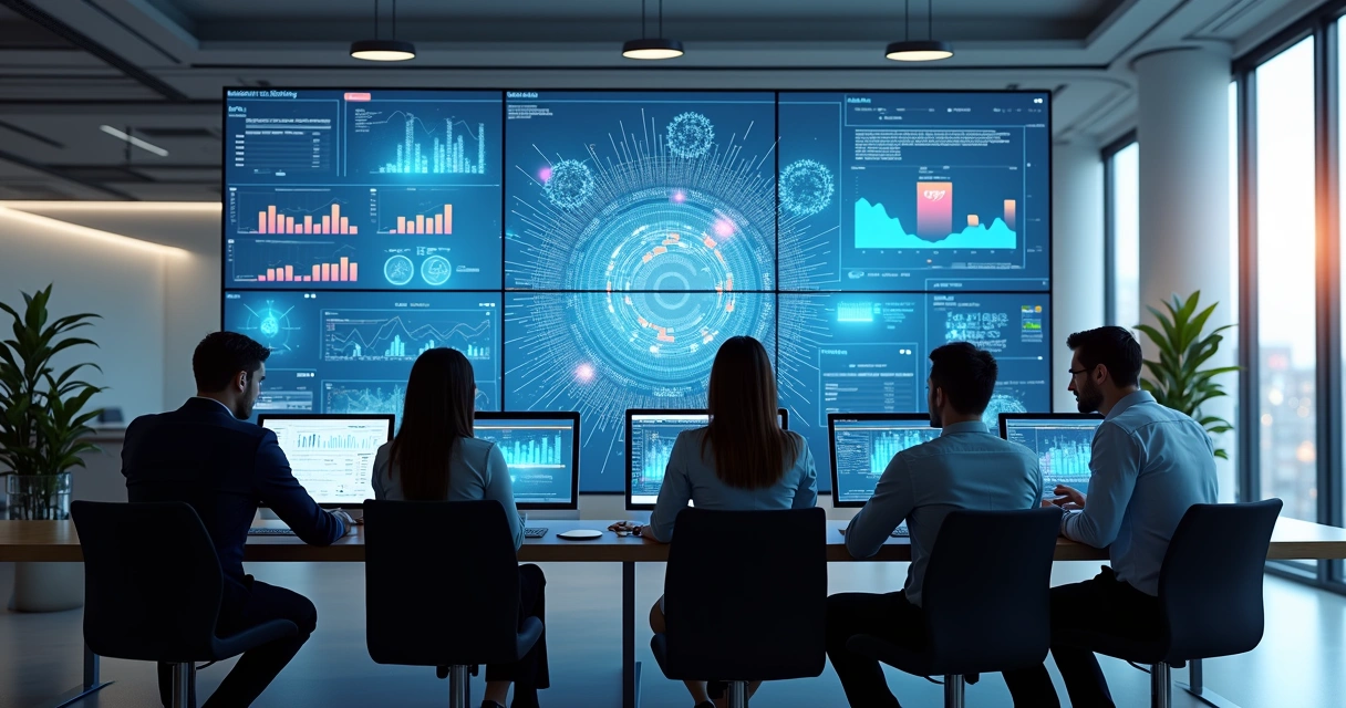 Equipe comercial analisando dados em telas de computador com gráficos e inteligência artificial 