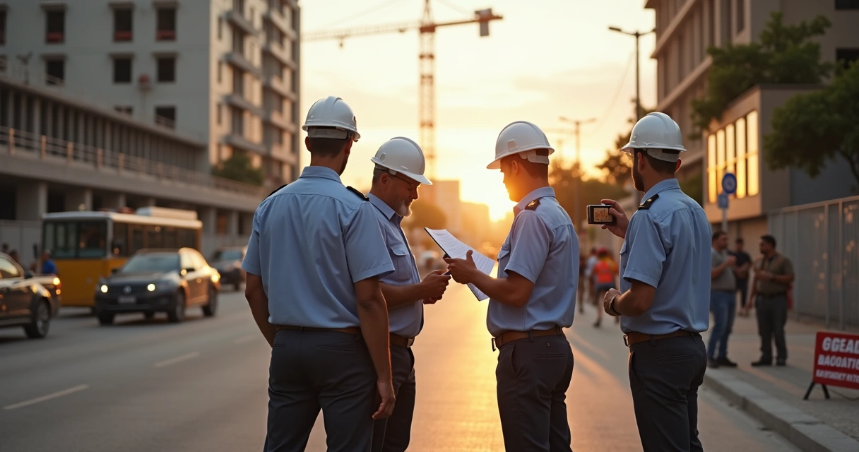 Equipe comercial vistoria obra em uma rua na cidade