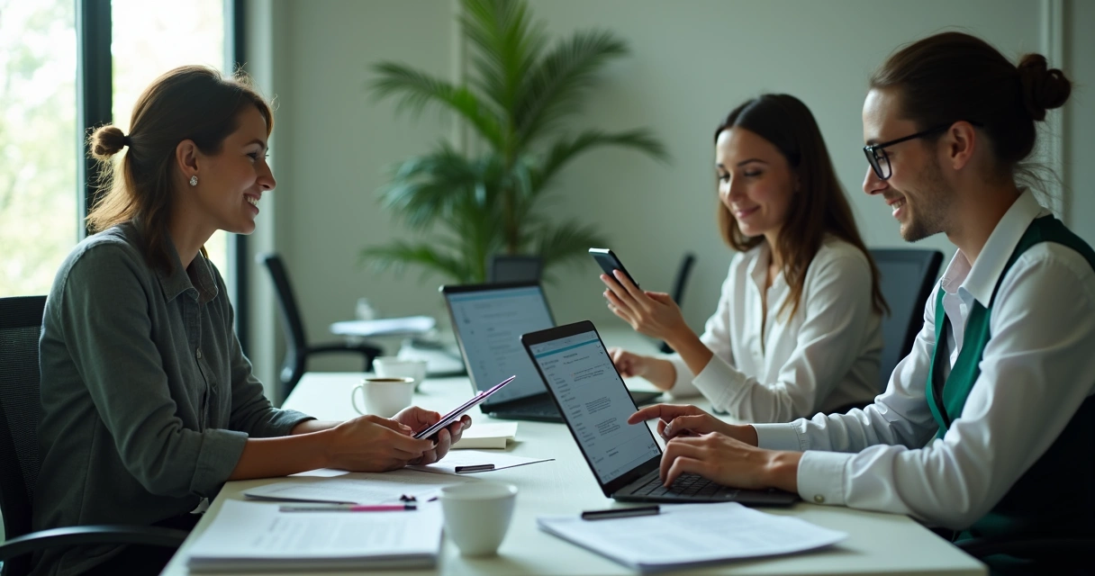 Equipe comercial pequena organizando contatos no celular e notebook