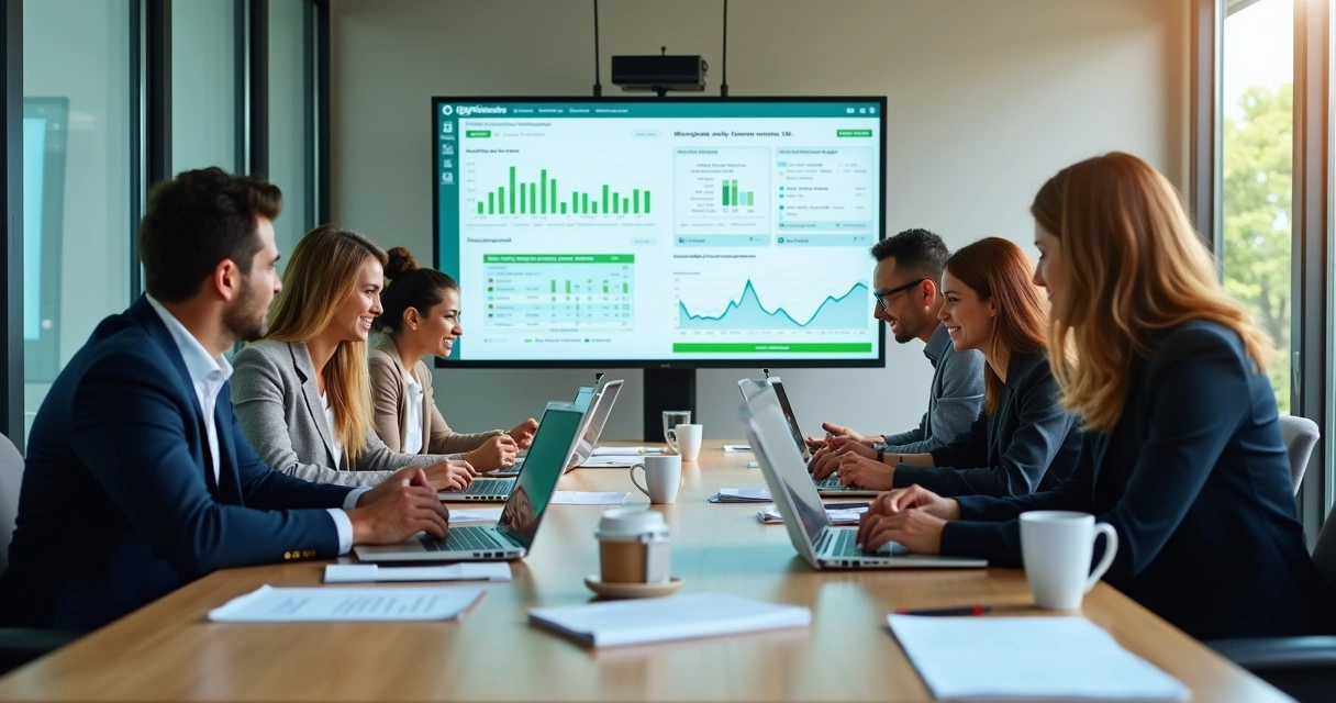 Equipe comercial analisa mensagens do WhatsApp em sala de reunião 