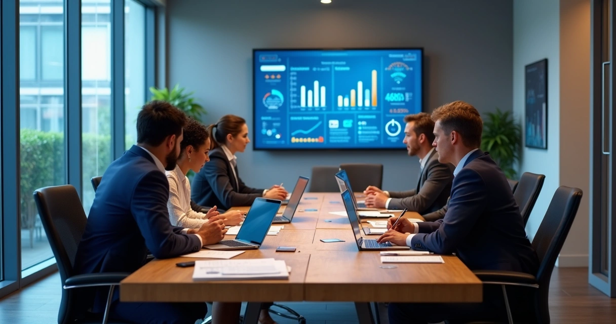 Equipe em reunião discutindo metas e desempenho 
