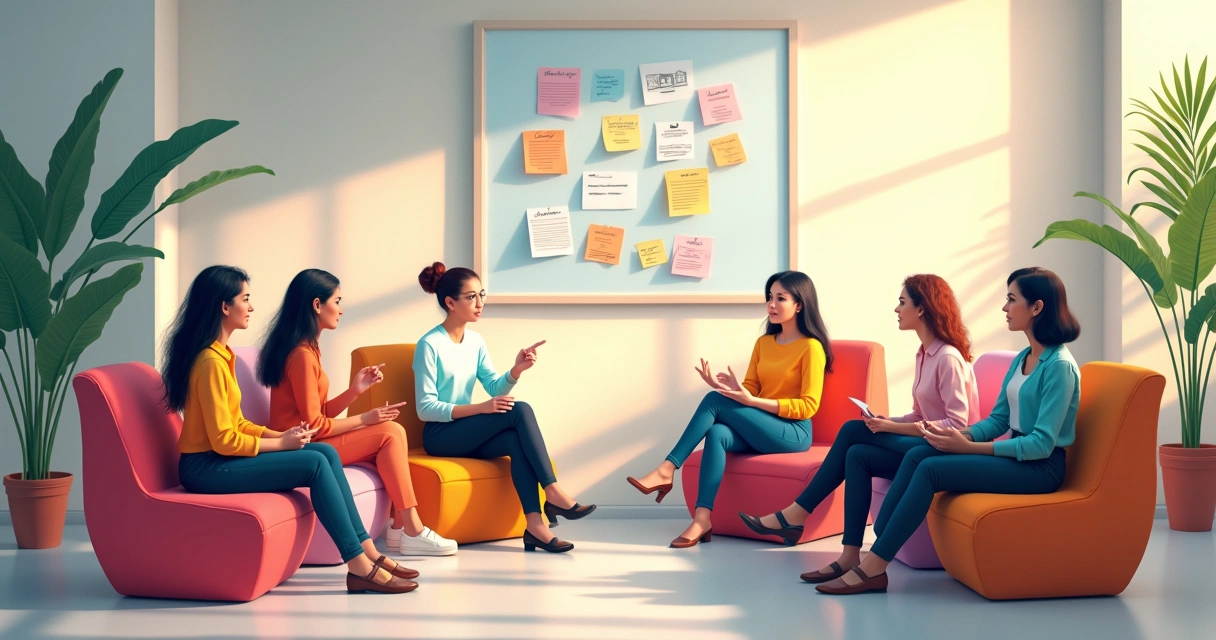 Time discutindo insights de playbook em sala informal com quadro branco 