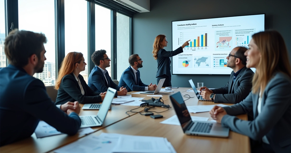 Profissionais de compliance reunidos em reunião em escritório moderno 