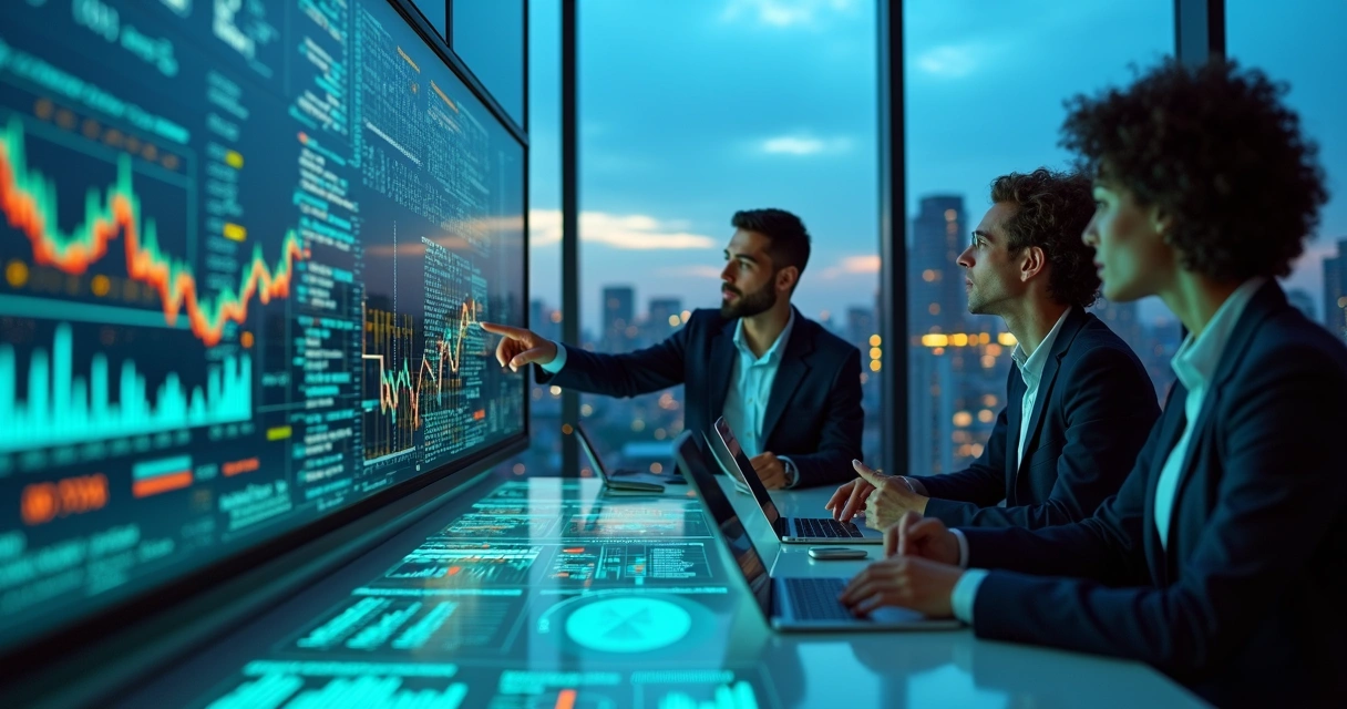 Equipe de compliance analisando dados em dashboards digitais em um escritório moderno 