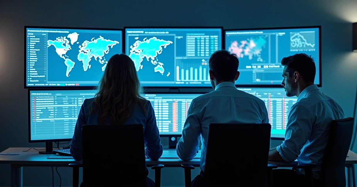 Equipe de compliance monitorando sanções em várias telas 