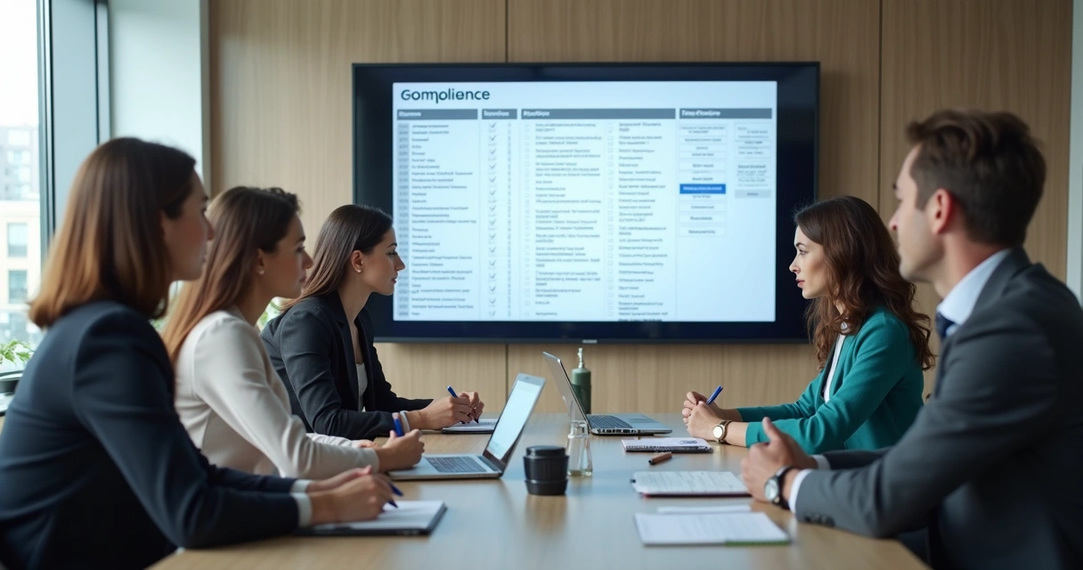 Equipe reunida revisando checklist de compliance em sala de reunião