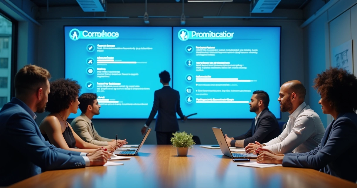 Equipe se reunindo para alinhar procedimentos de compliance em treinamento online