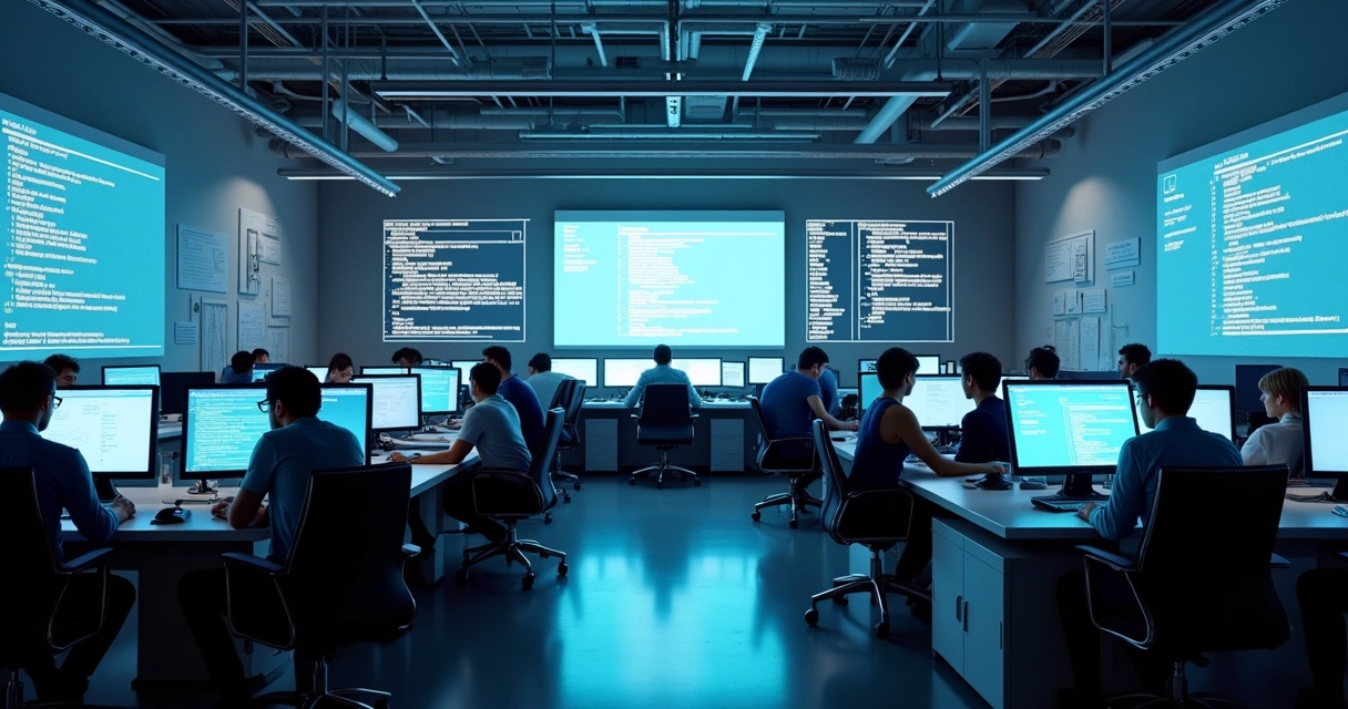 Desenvolvedores em estações separadas, cada um focando em uma tecnologia diferente 