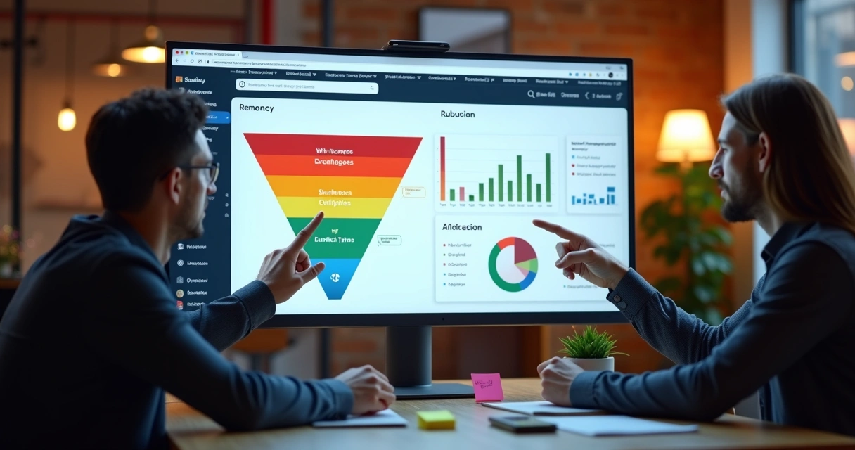 Equipe utilizando computador com tela mostrando funil de vendas em um CRM 