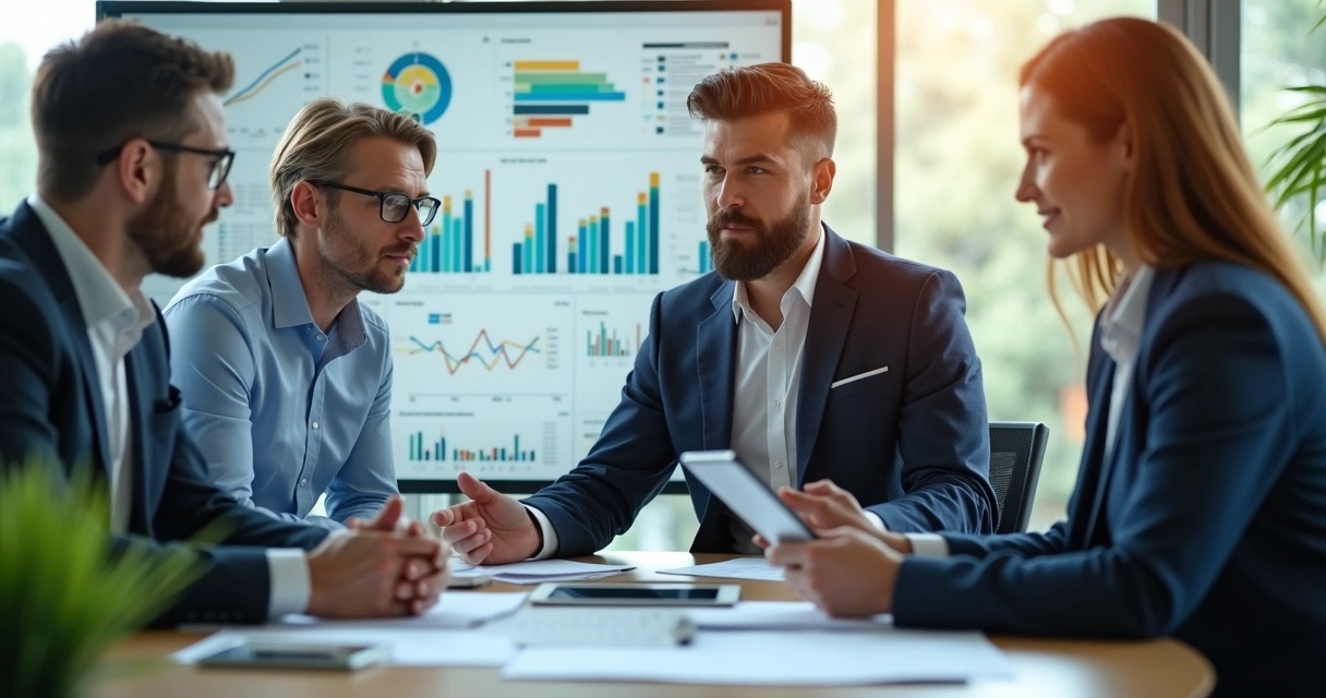 Profissionais reunidos avaliando riscos psicossociais em computador 