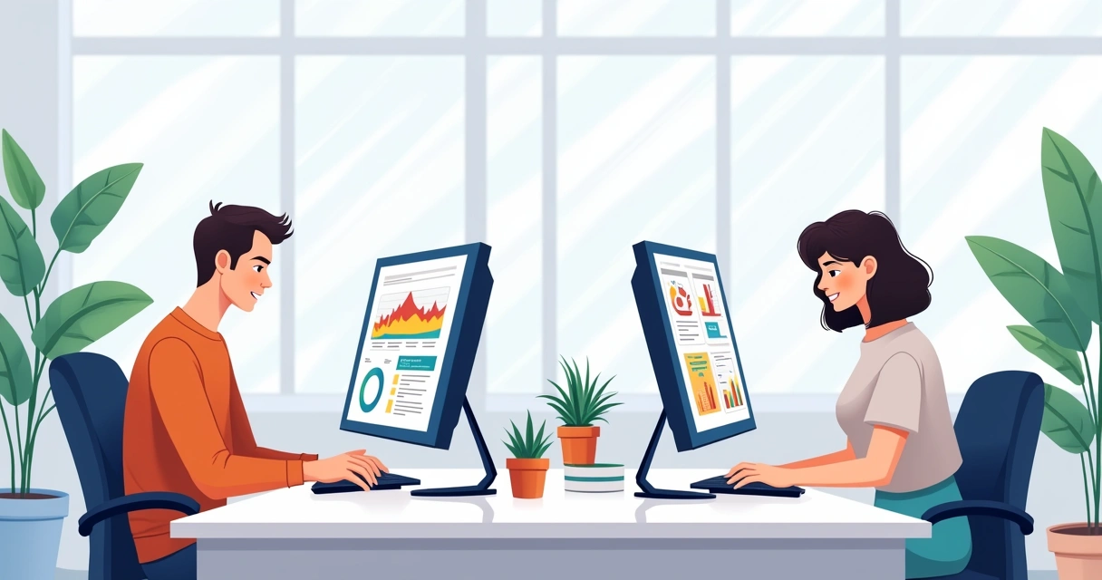 Equipe pequena em sala moderna, computadores com gráficos de automação. 