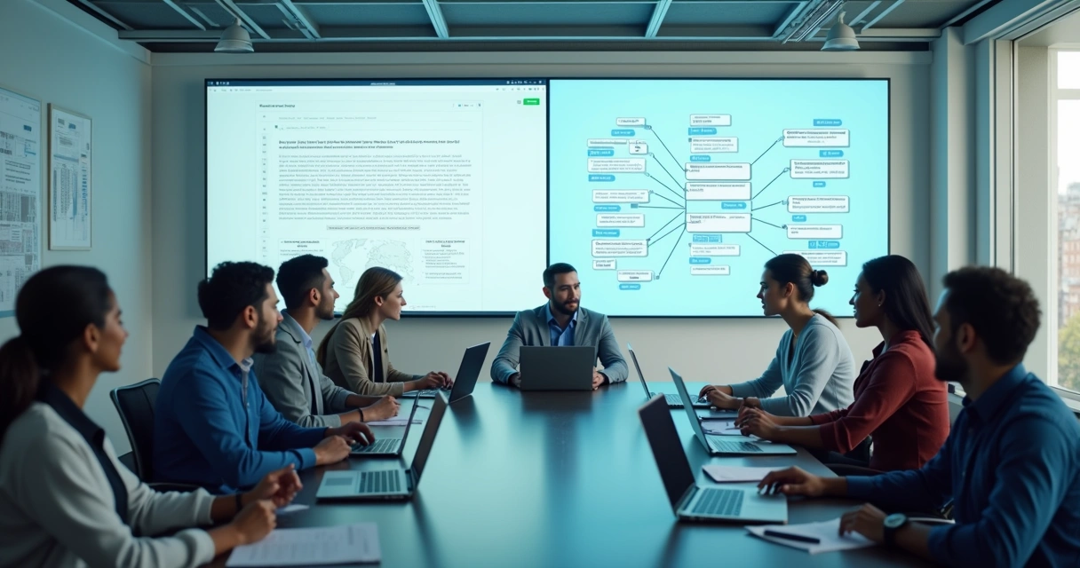 Equipe trabalhando em computadores analisando políticas de privacidade