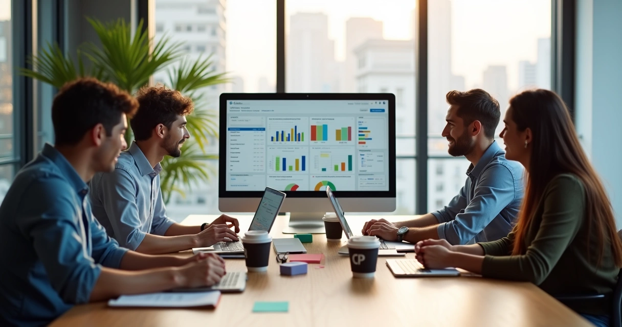 Equipe de prospecção trabalhando em computadores, analisando dados 