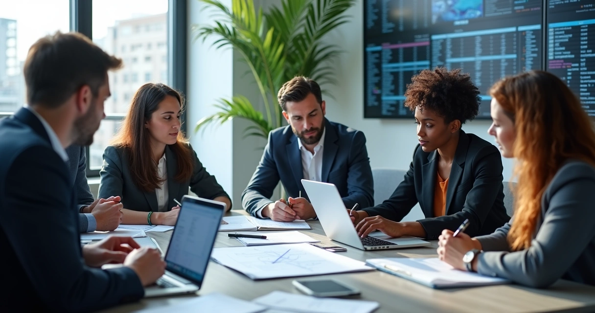 Equipe reunida ao redor de computadores analisando plano de ação de crise 