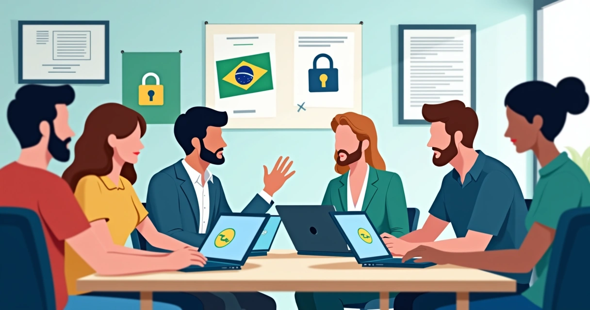 Equipe trabalhando em computadores com símbolos de cadeado em destaque.