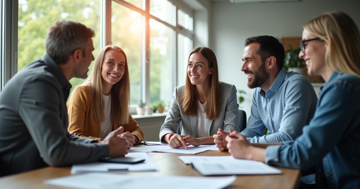 Colegas de trabalho sentados ao redor de uma mesa, sorrindo e conversando, com documentos e notebooks espalhados 