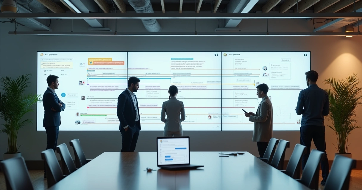 Equipe corporativa acompanhando comunicação assíncrona em telas colaborativas 