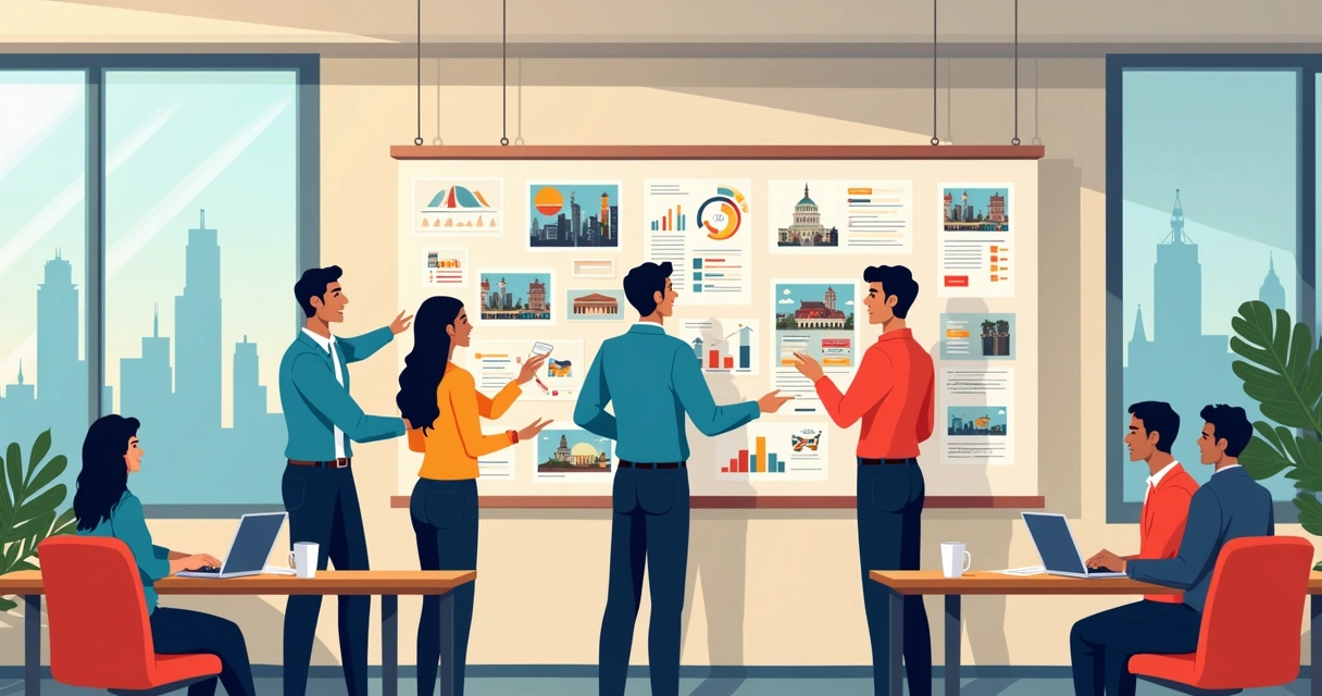 Equipe de comunicação política analisa painéis de imagens em sala de campanha