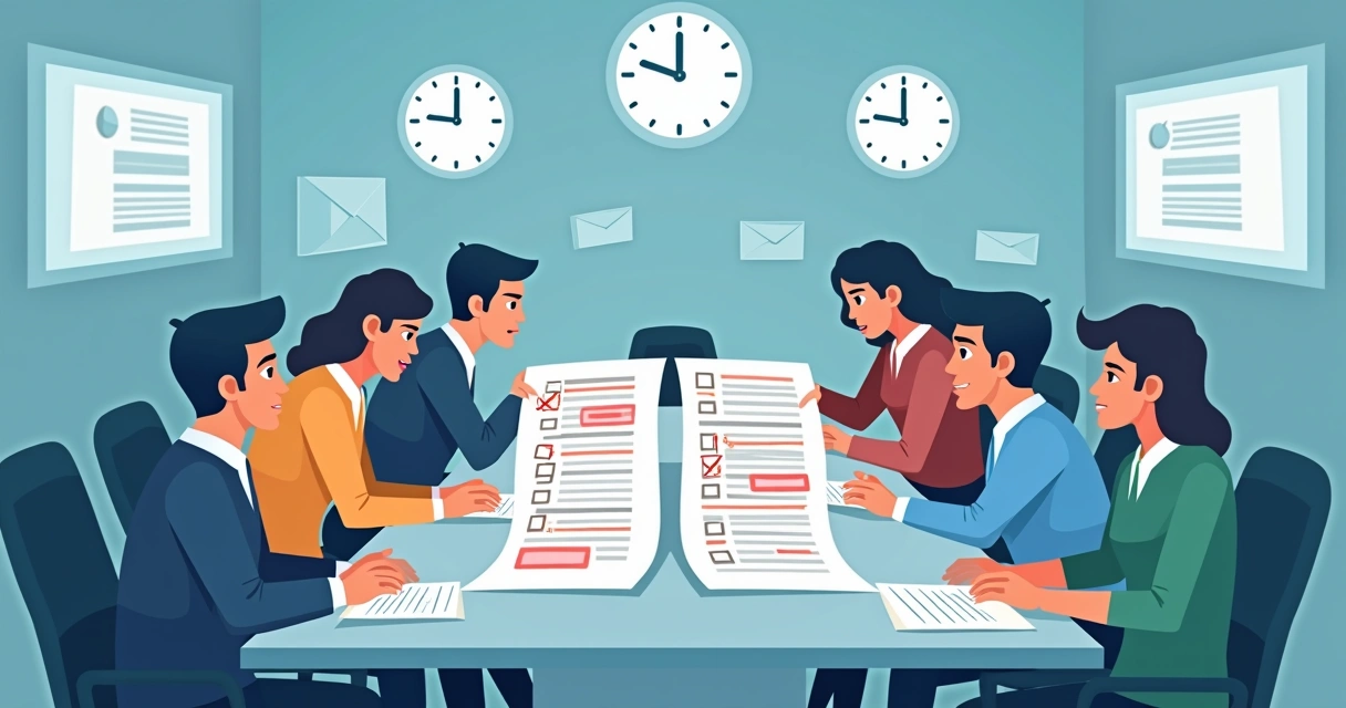 Equipe de comunicação reunida em uma mesa analisando comunicados sob pressão