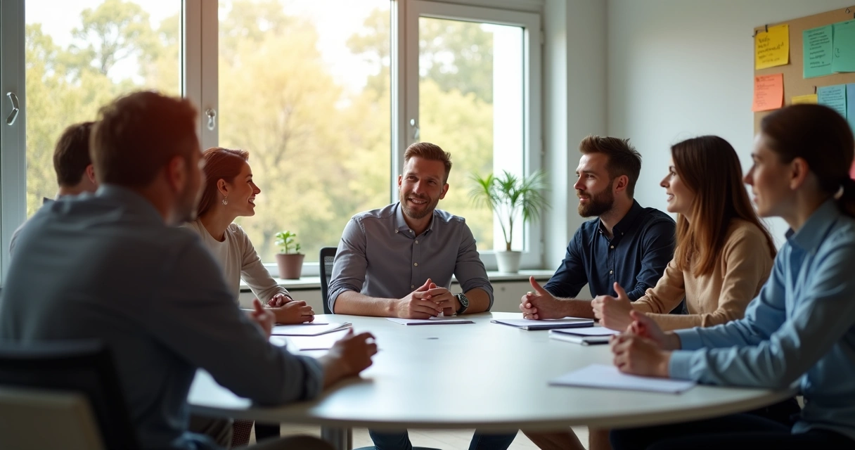 Equipe reunida em sala moderna compartilhando ideias com expressões de atenção e escuta