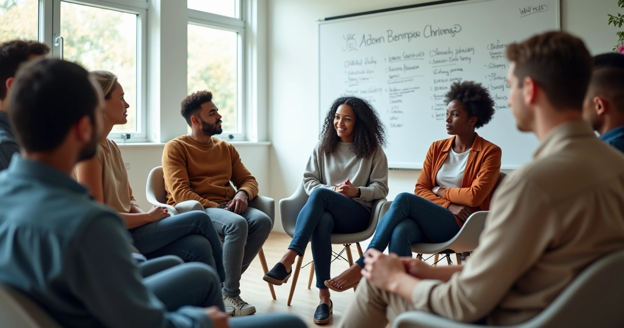 Equipe reunida em círculo conversando em sala clara com quadro branco ao fundo. 
