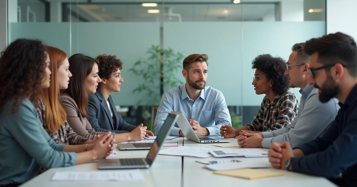 Equipe de trabalho sentada ao redor de uma mesa, com expressão de dificuldade na comunicação. 