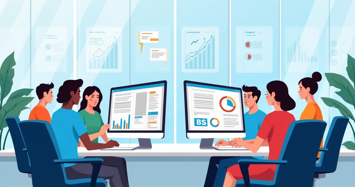 Equipe de comunicação trabalhando em várias telas de computador em ambiente colaborativo 
