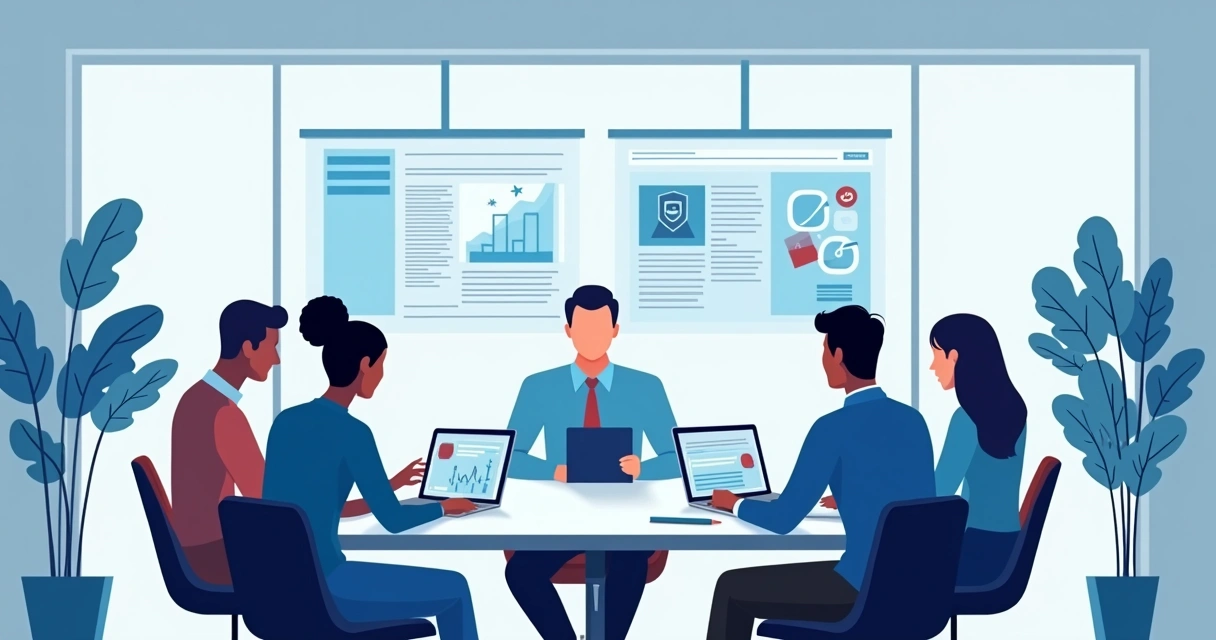 Equipe de comunicação revisa material digital de campanha em mesa branca 