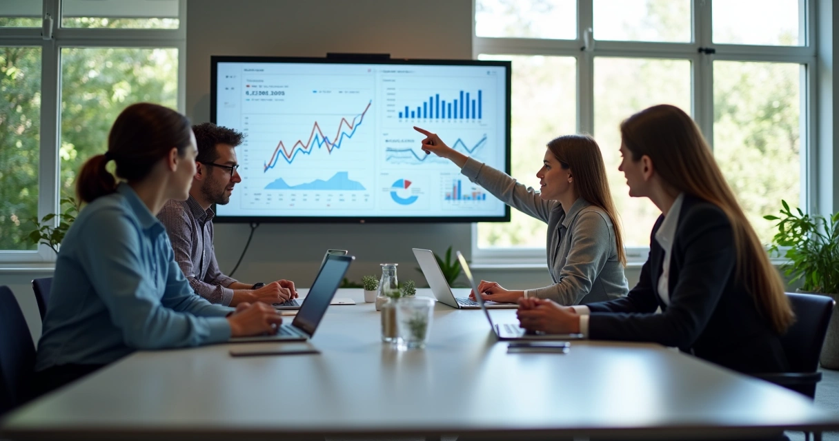 Equipe de comunicação digital em uma mesa, analisando gráficos e computadores