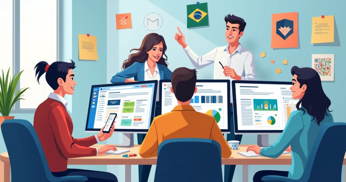 Profissionais trabalhando em campanha digital com telas e gráficos 