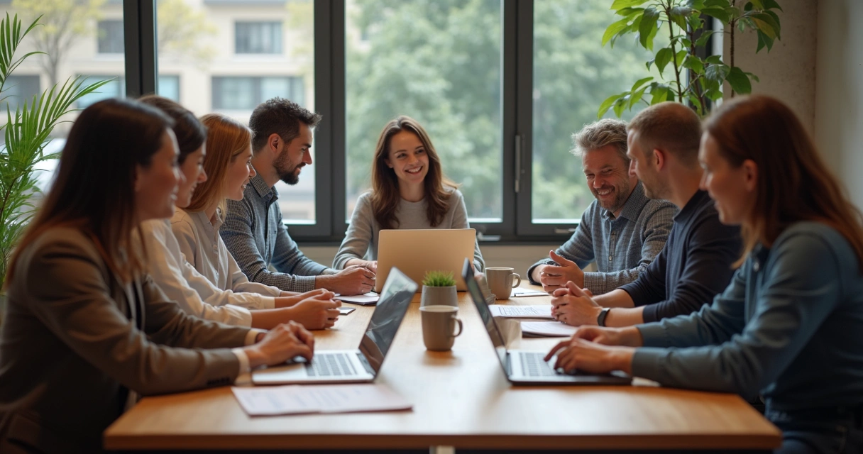 Equipe diversa sentada ao redor de uma mesa mostrando comunicação aberta e empatia entre membros. 