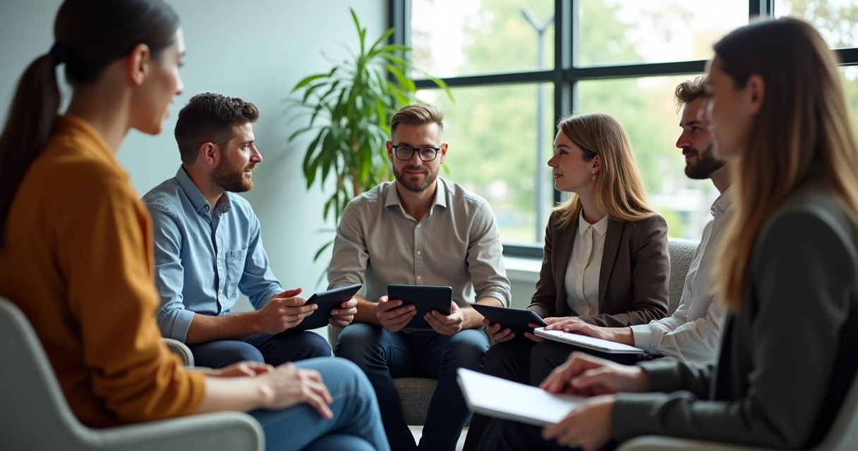 Equipe reunida em círculo, conversando e ouvindo ativamente uns aos outros 