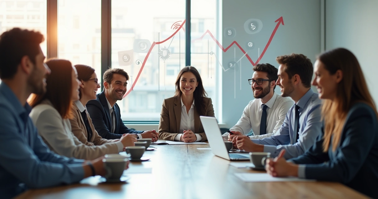Equipe de trabalho sorrindo em sala de reunião clara. 