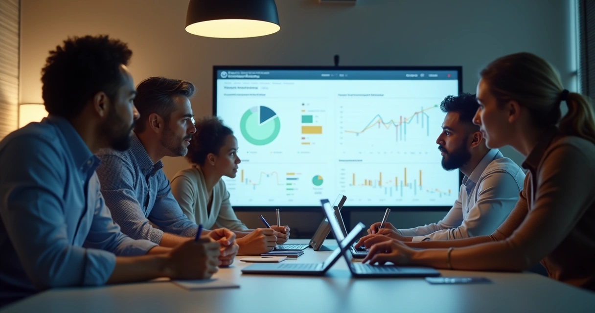 Equipe reunida acompanhando feedback de clientes em dashboard digital