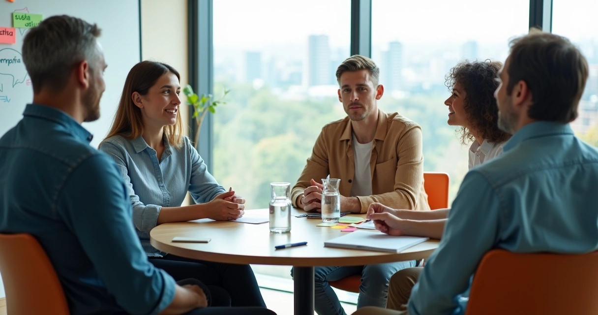 Equipe em reunião praticando comunicação não violenta em escritório moderno 