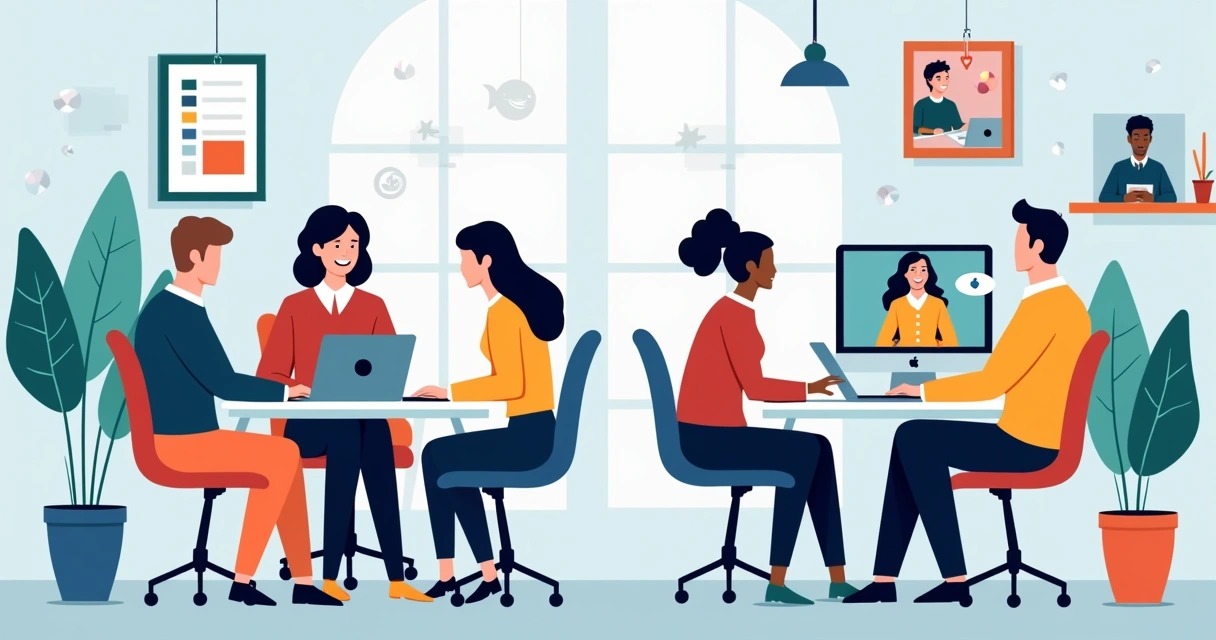 Equipe de comunicação política trabalhando em um escritório e de casa, interagindo por videoconferência 