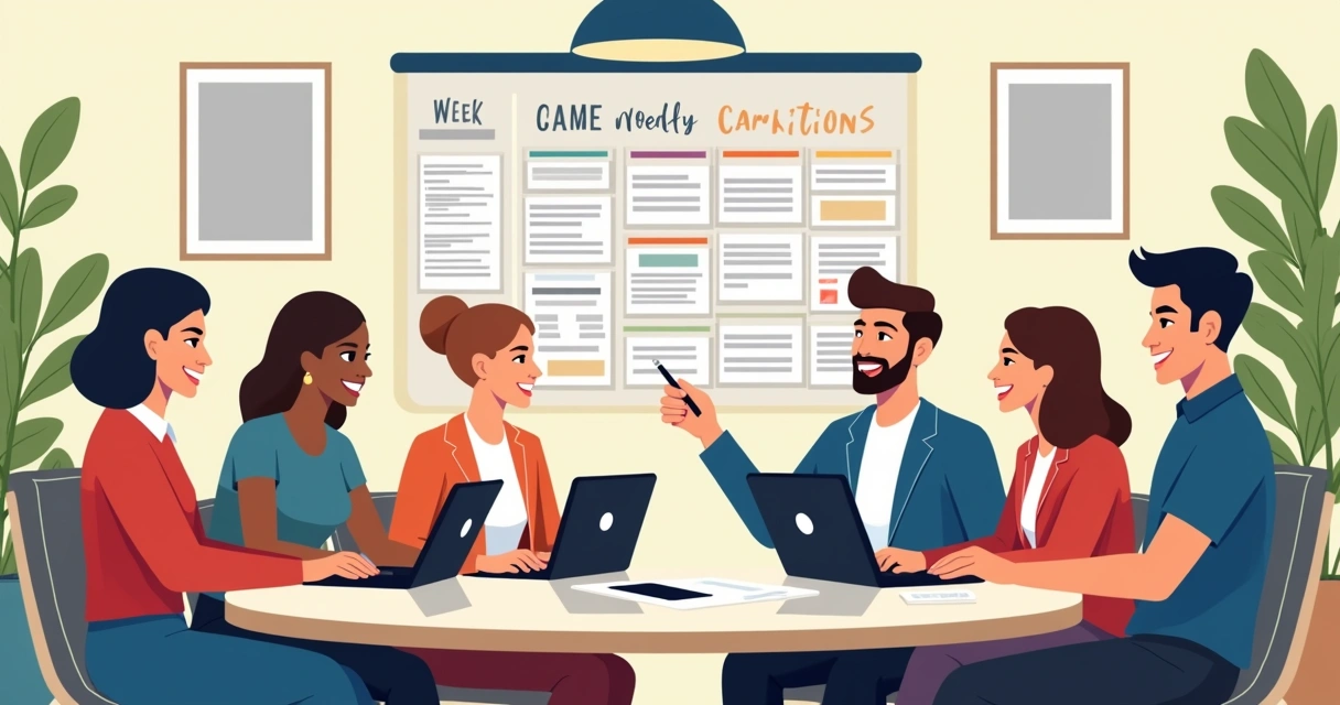 Equipe de assessoria reunida em volta de notebook, discutindo calendários 