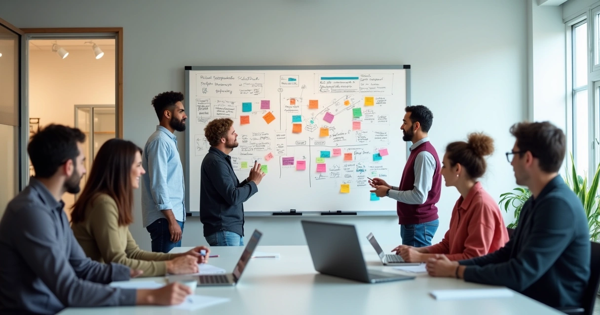 Equipe de projeto conversando em frente a um quadro branco com anotações